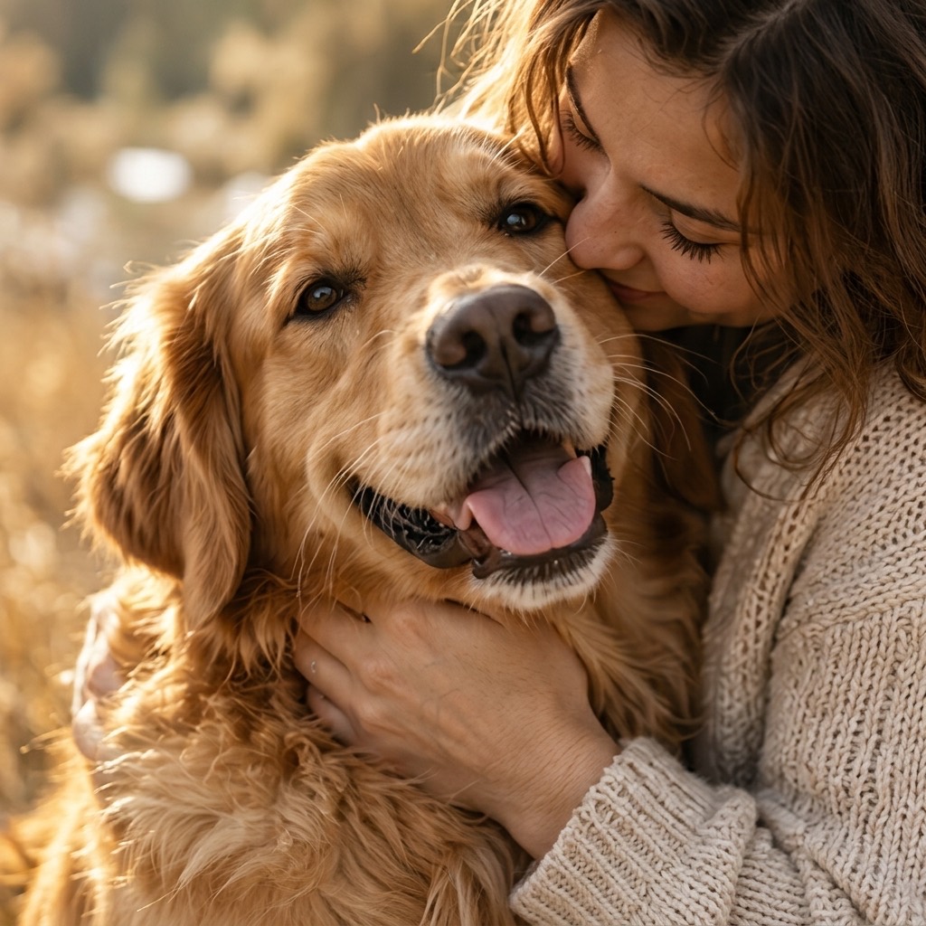 人把脸贴在金毛犬身边
